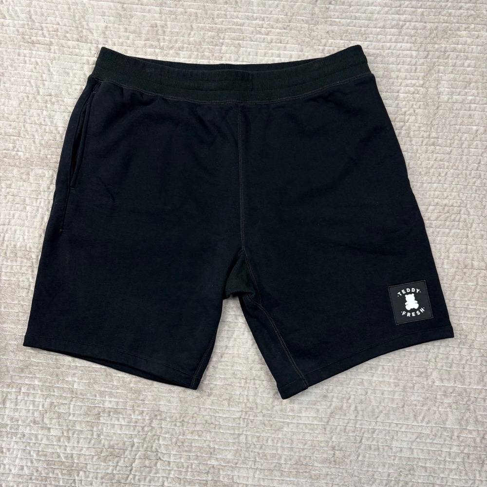 Teddy Fresh Mens Black Fleece Sweat Shorts 2XL Logo Patch Casual Loungewear